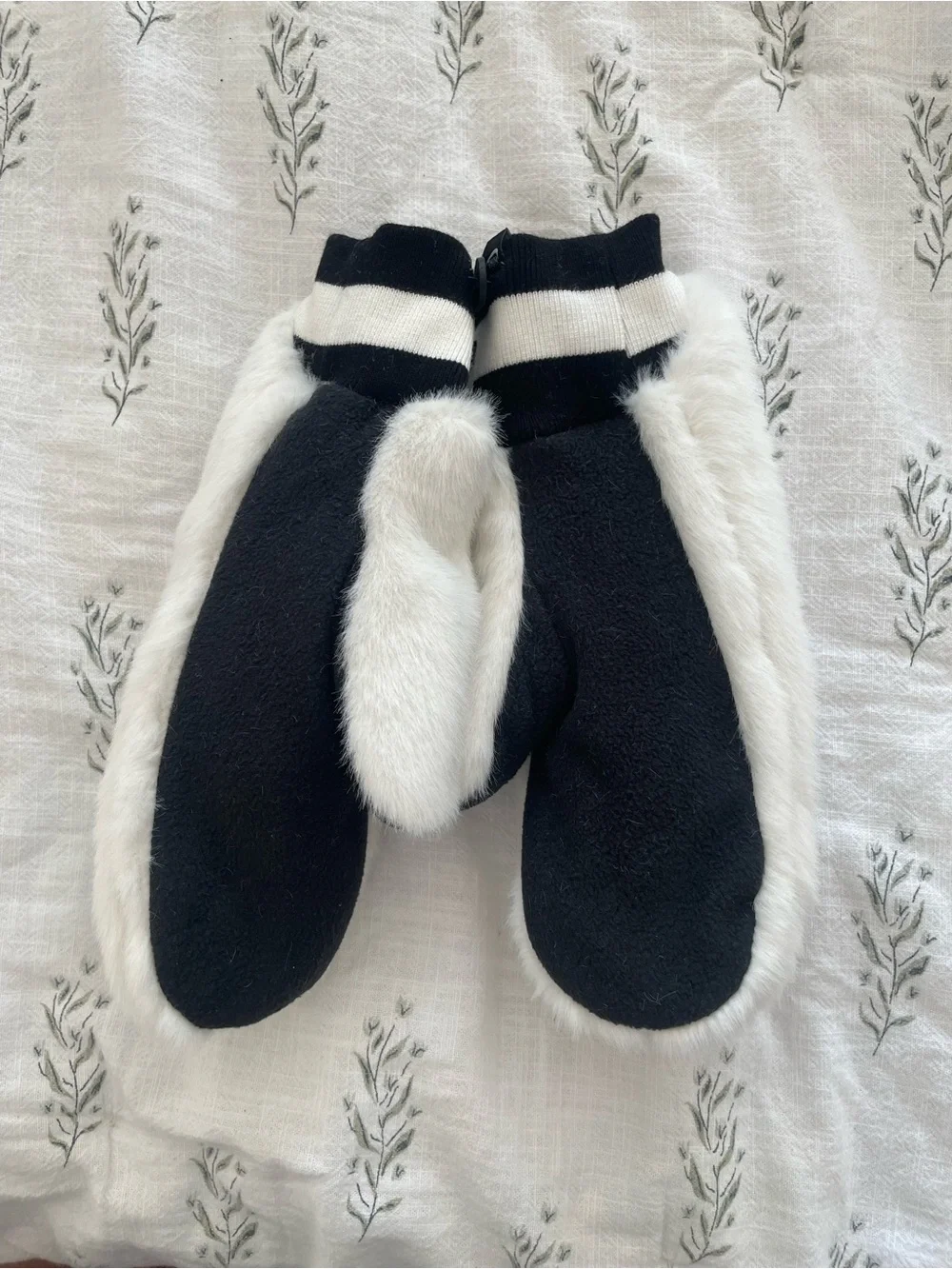 Nike White Faux-Fur Mittens with Black Accents